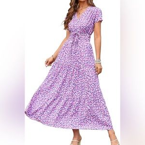 NWOT Purple Floral Maxi Faux-Wrap Short-Sleeve Dress, Size XL